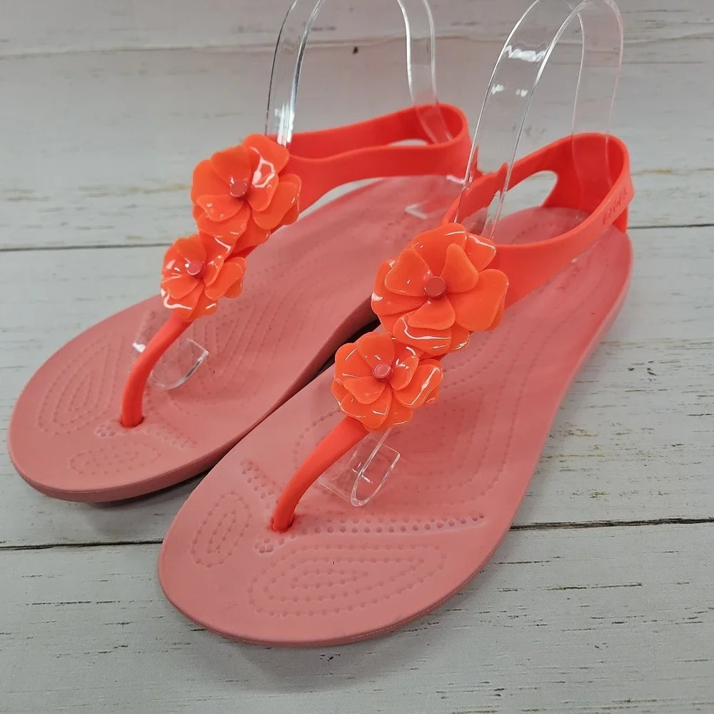 Crocs Serena Embellished Flower Sandals  Womens 9‎ Coral Orange Thong Flip Flop